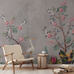 Chinoiserie Wallpaper Peel and Stick, Crane Bird Wall Mural, Distressed Look Removable Wallpaper, Floral Self Adhesive, Heron Wallpaper