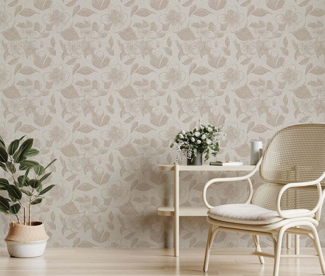 Linen Textured Floral Wallpaper, Modern Boho Beige & White Botanical ...