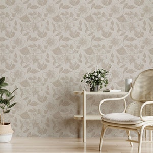 Linen Textured Floral Wallpaper, Modern Boho Beige & White Botanical Peel and Stick Wallpaper, Neutral Minimal Removable Self Adhesive Mural