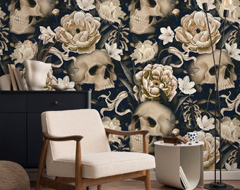 Dark Floral Skull Wallpaper: Gothic Peel and Stick Mural