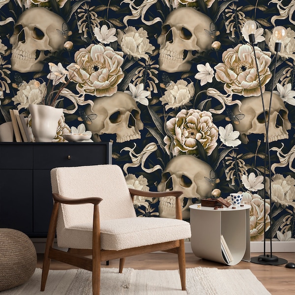 Dark Floral With Skull Wallpaper, Gothic Flowers Wall Mural, Peel and Stick, Skeletons Mural, Peony Floral Wallpaper, Self-Adhesive Mural