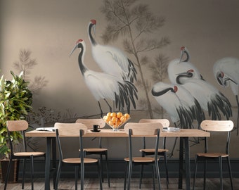 Chinoiserie Heron Wallpaper: Vintage Crane Birds, Peel and Stick