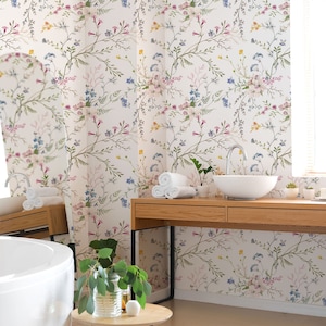 Watercolor Wild Floral Wallpaper, Soft Botanical Floral Wall Mural, Field Flowers Wallpaper, Spring Peel and Stick, Removable Self Adhesive
