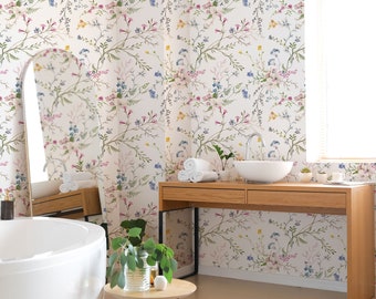 Watercolor Wild Floral Wallpaper, Soft Botanical Floral Wall Mural, Field Flowers Wallpaper, Spring Peel and Stick, Removable Self Adhesive