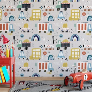 Cartoon Hand Drawn Car & Bus Wall Mural, Boys Playroom Wallpaper, Colorful Cars, Nursery Peel and Stick, Custom Kids Wallpaper, Removable