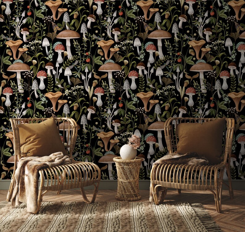 Dark Mushroom Wallpaper: Vintage Botanical Peel and Stick Mural - Etsy