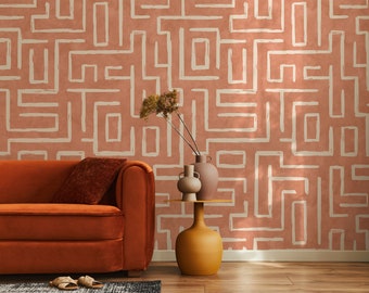 Minimal Terracotta Labyrinth Pattern Wallpaper, Peel and Stick or Traditional, Brush Stroke Abstract Maze Removable Wallpaper, Self Adhesive