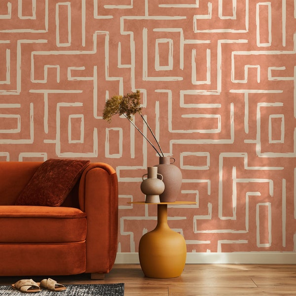Terracotta Labyrinth Wallpaper: Brush Stroke Maze, Peel and Stick