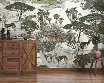 Safari Animal Wallpaper – Hand-Drawn Wildlife Peel and Stick Removable Wall Mural