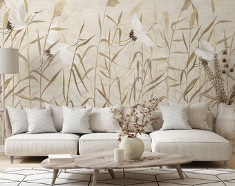 Crane Bird Wallpaper: Boho Meadow Landscape Peel and Stick Wall Mural