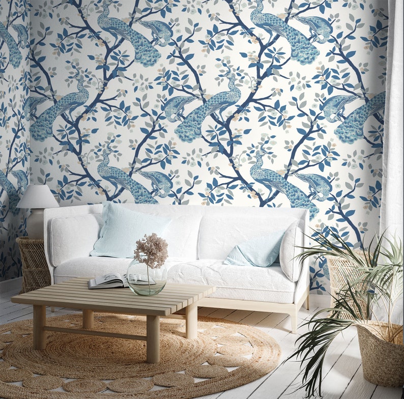 Blue Chinoiserie Birds Wallpaper: Monochrome Floral Wall Mural, Peel ...