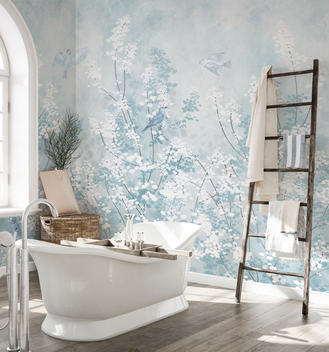 Blue Chinoiserie Wallpaper: Birds & Blossoms, Peel and Stick Mural - Etsy