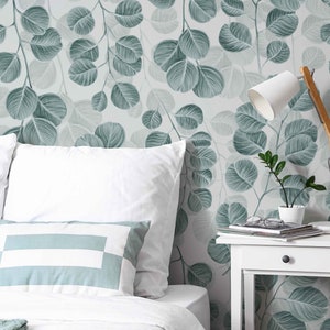 Leaf Eucalyptus Green Boho Wallpaper, Leaf Wallpaper Peel and Stick, Mural Wallpaper, Floral Wall Mural, Little Leaves Wall Decor