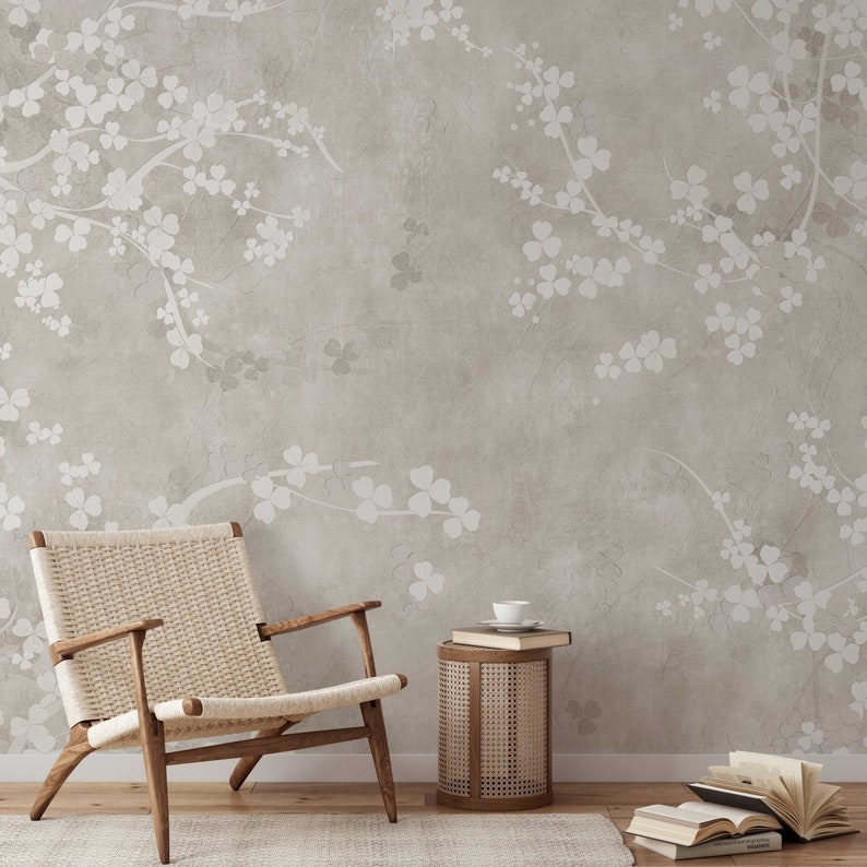 Neutral Boho Beige Floral Wallpaper, Muted Minimalist Wall Mural, In Light Tones Wallpaper, Peel and Stick, Self Adhesive Removable afbeelding 6