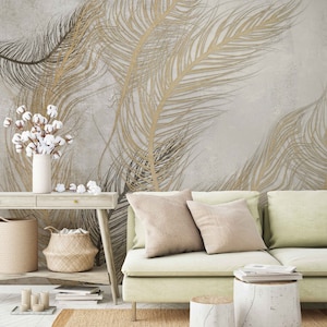 Neutral Leaves Wallpaper, Soft Tropical Leaves Wall Mural, Tropical Plants Peel and Stick, Self Adhesive Removable