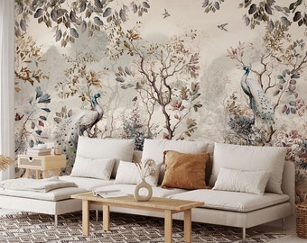 Chinoiserie Wallpaper Peel and Stick, Peacock Wallpaper, Watercolor Chinese Birds with Tree Wall Mural, Self Adhesive Removable Wallpaper