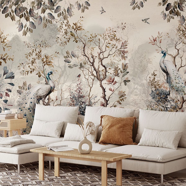 Chinoiserie Wallpaper Peel and Stick, Peacock Wallpaper, Watercolor Chinese Birds with Tree Wall Mural, Self Adhesive Removable Wallpaper