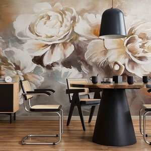 May include: A dining room with a wooden table and four chairs. The wall is decorated with a large floral mural featuring white and brown flowers. A black pendant light hangs above the table.