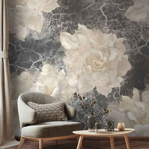 Marble Floral Wallpaper, Peel and Stick Traditional Floral Wallpaper, Floral Style on Gray Marble Abstract Design Removable Wall Mural