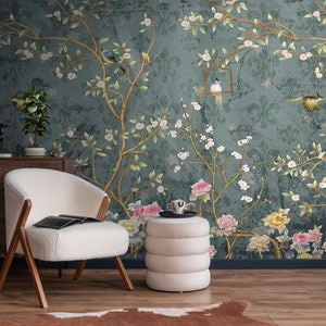 Chinoiserie Wallpaper Peel and Stick, Branches, Chinese Birds and Flowers Mural, Floral Blossom with Birds Removable Self-Adhesive Wallpaper