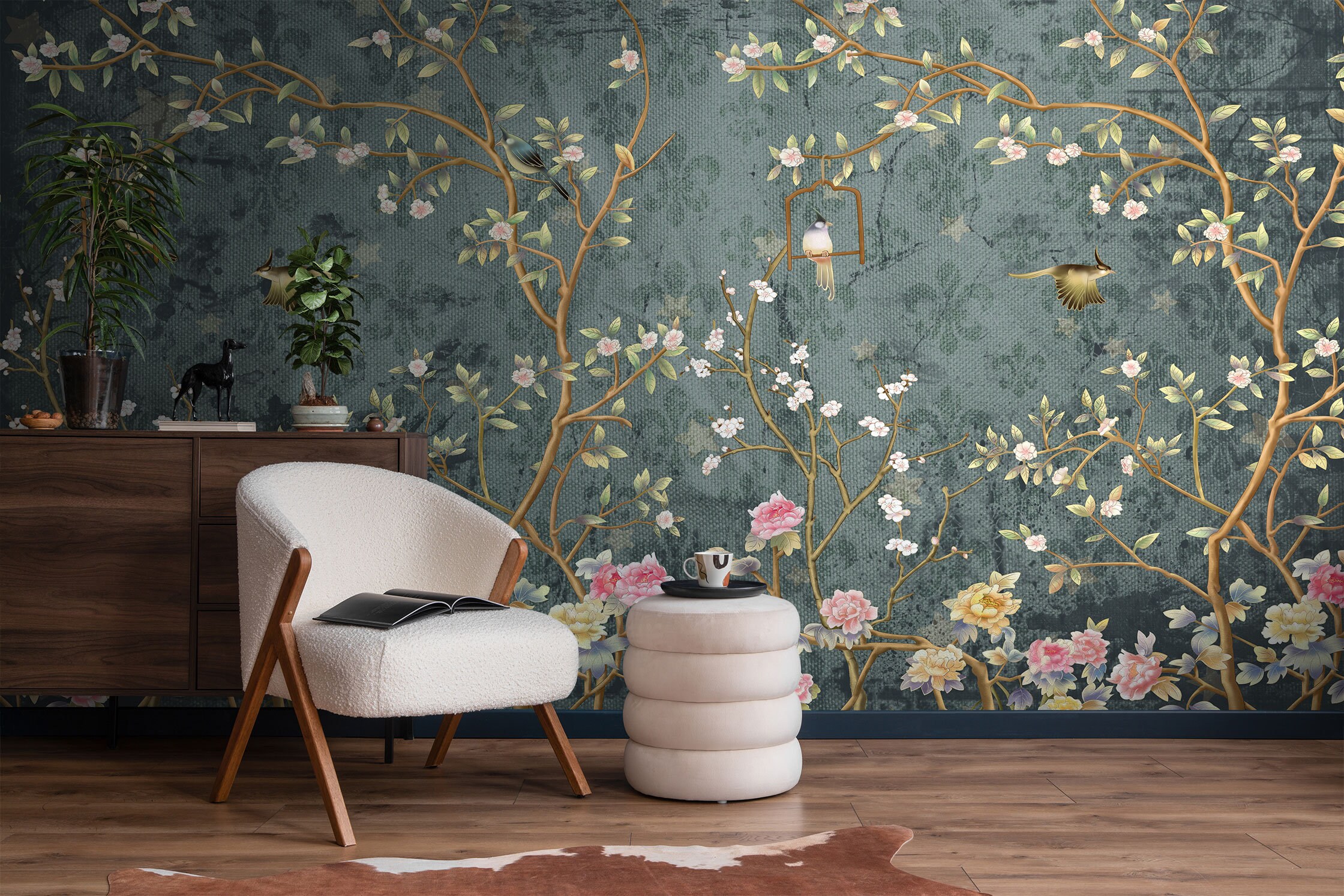 Chinoiserie Wallpaper Peel and Stick, Branches, Chinese Birds and Flowers Mural, Floral Blossom with Birds Removable Self-Adhesive Wallpaper