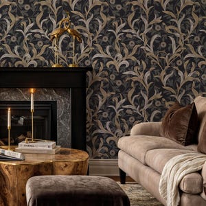 Dark Botanical Wallpaper, Peel and Stick,William Morris Inspired Wallpaper,Art Nouveau Floral Wall Mural,Victorian Style Removable Wallpaper