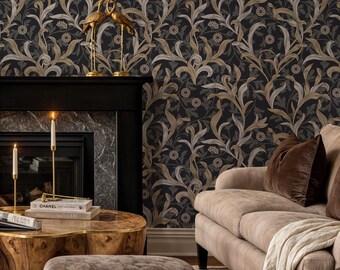 Dark Floral Peel and Stick Wallpaper: William Morris Art Nouveau Style