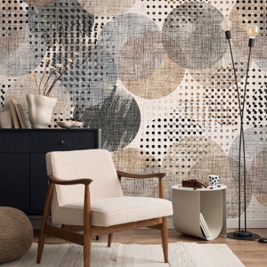 Abstract Circles Geometric Wallpaper, Vintage Retro Style Mural, Peel and Stick Wallpaper, Self Adhesive, Removable Wall Mural