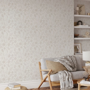 Elegante neutrale Boho-Blumentapete, Peel and Stick oder traditionell, Creme Blumen Line Art Wandbild, abnehmbare Tapete, selbstklebend
