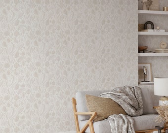 Elegant Neutral Bohemian Floral Wallpaper, Peel and Stick or Traditional, Cream Flowers Line Art Mural, Removable Wallpaper, Self Adhesive