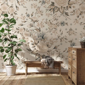 Roses Blush and Cream, Floral Neutral Removable Self Adhesive Wallpaper, Watercolor Flower Wallpaper, Soft Botanical Floral Wall Mural