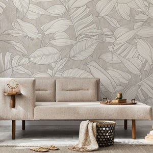 Neutral Tones Stripy Leaves Wallpaper, Elegant Botanical Mural, Beige Boho Chic Wall Mural, Peel and Stick Wallpaper, Removable Wallpaper