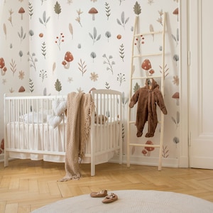Watercolor Wild Flowers Kids Wallpaper, Mushroom Wall Mural, Cute Botanical Field Floral Wall Mural, Nursery Peel and Stick, Self-Adhesive
