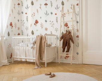 Watercolor Wild Flowers Kids Wallpaper, Mushroom Wall Mural, Cute Botanical Field Floral Wall Mural, Nursery Peel and Stick, Self-Adhesive