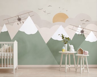 Mountain Landscape Wallpaper for Kids Room, Peel and Stick, Airplanes Nursery Removable Wall Mural, Boho Wallpaper for Kids, Baby Room Decor