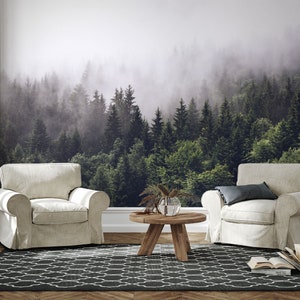 Misty Forest Landscape Wallpaper, Foggy Forest Wall Mural, Nature Wallpaper,Traditional or Peel and Stick Wallpaper, Removable Self-Adhesive