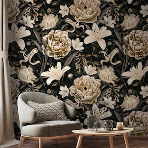 Dark Floral Wallpaper, Gothic Flowers Wall Mural, Peony Floral Wallpaper, Dark Botanical Mural, Peel and Stick, Removable Self-Adhesive