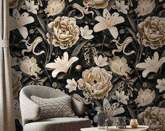Dark Floral Wallpaper: Gothic Peony Wall Mural (Peel and Stick)