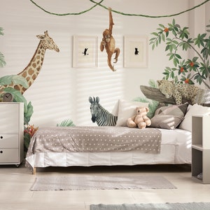 Jungle Safari Animals Wallpaper for Adventurous Kids Room, Kids Wallpaper Peel and Stick, Cute Tropical Animals with Plants Wall Murals