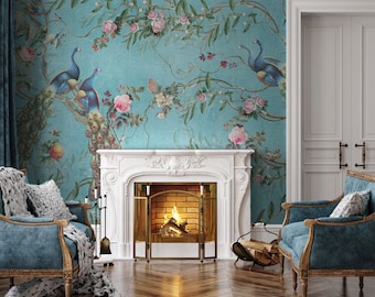 Chinoiserie Wallpaper Peel and Stick, Peacock with Peony Flowers Wall Murals, Asian Wall Art, Floral Removable Self Adhesive Wallpaper