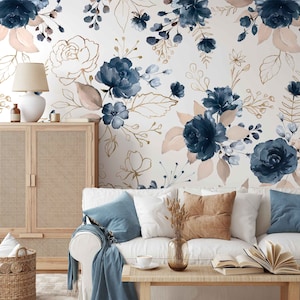 Watercolor Blue Flowers on the White Background Wallpaper, Peel and Stick Wall Mural, Watercolor Garden Flowers, Roses, Wildflowers, Leaves