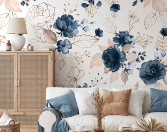 Blue Floral Watercolor Wallpaper: Peel and Stick Wall Mural