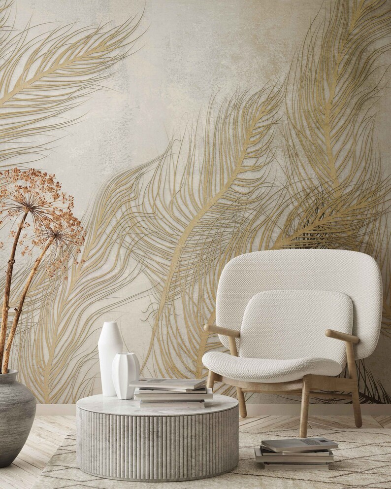 Neutral Leaves Wallpaper Soft Tropical Leaves Wall Mural Etsy
