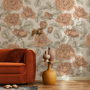 Neutral Floral Wallpaper Peel and Stick, Cottagecore Wall Decor, Vintage Roses Removable Wallpaper, Soft Leaves Self Adhesive Wall Mural