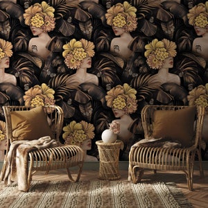 Dark Floral With Woman Head Wallpaper, Dark Floral Wallpaper, Peel and Stick Wallpaper, Gothic Flower Wall Mural, Rose Gold Leaves Wallpaper