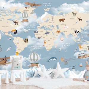 Kids World Map Wallpaper, Colorful Nursery Wall Mural, Nursery Peel and Stick, Little Animals Wall Mural, Removable Self Adhesive Wallpaper