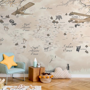 Child Map Wallpaper Peel and Stick, Kids World Map Wall Mural, Nursery Peel and Stick, Removable Self Adhesive, Little Animals Wallpaper