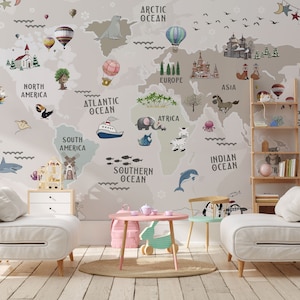 World Map Kids Wallpaper, Educational Continent Map Wall Mural, Peel and Stick, Nursery Wall Decal, Kids Room Decor, Removable,Self Adhesive