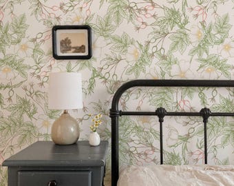 Botanical Peel and Stick Wallpaper: White Floral & Green Leaf Mural