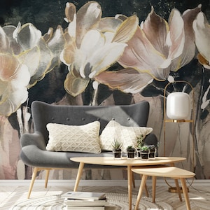 Abstract Floral Oil Paint Wallpaper, Modern Luxury Floral Wallpaper, Abstract Dark Botanical Mural, Peel and Stick, Removable Self Adhesive